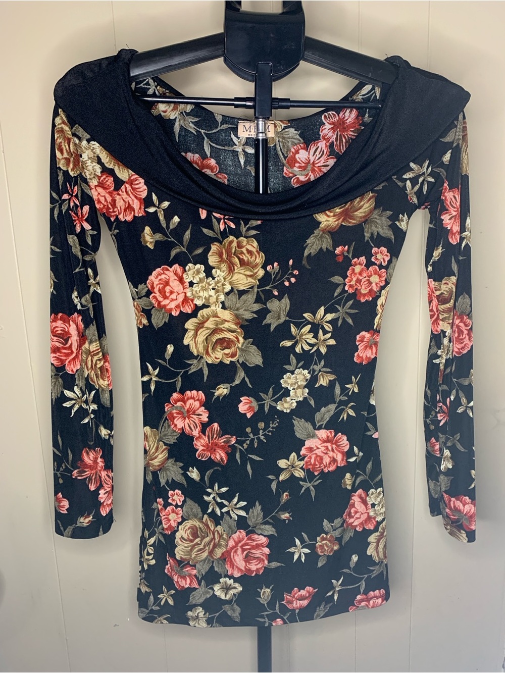 Women’s MKM Designs Black Long-Sleeve Floral Dress with Pink and Gold Blooms S